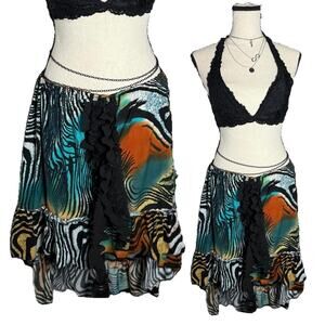Y2K Zebra Tiger Print High-Low Skirt | Lace Boho Fairycore